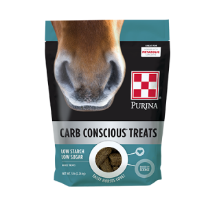Purina Carb Conscious Horse Treats in teal black bag with horse