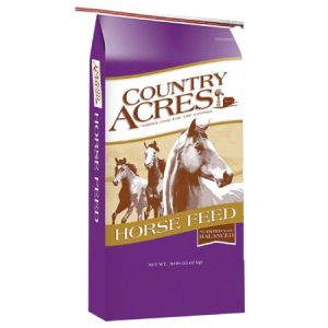 Purina Country Acres Horse 12% Pellet High Fat in purple and tan bag with 3 horses