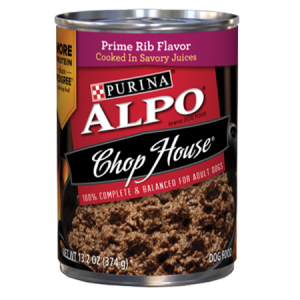 Purina ALPO Chop House Prime Rib Flavor Wet Dog Food in red magenta black can with dog food