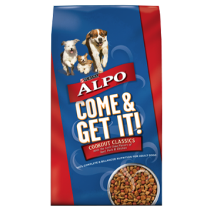 Purina ALPO Come & Get It! Cookout Classics With The Grill-Time Flavors in red and blue bag with dogs