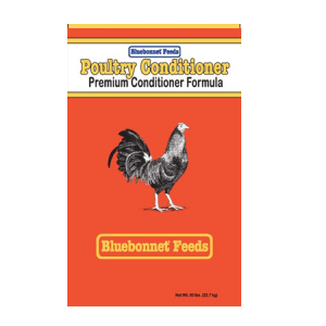 Bluebonnet Poultry Conditioner 16% in orange bag with rooster