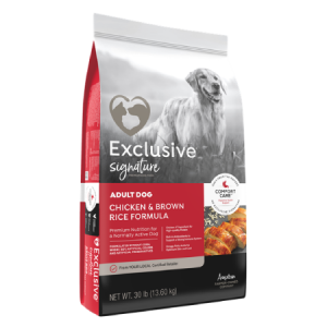 Exclusive Signature Adult Dog Chicken & Brown Rice Formula in red black and grey bag with dog
