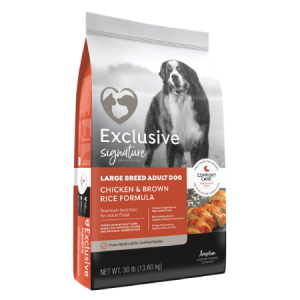 Exclusive Signature Large Breed Adult Dog Food in orange and grey bag with dog
