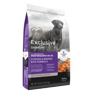 Exclusive Signature Performance 30/20 Chicken & Brown Rice Formula Dog Food in purple black and grey bag with dog