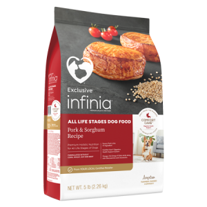 Infinia All LIfe Stages Pork & Sorghum Dry Dog Food in grey red and white bag with pork