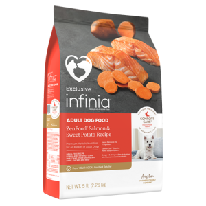 Infinia ZenFood Salmon & Sweet Potato Recipe Dog Food in grey and orange bag with salmon