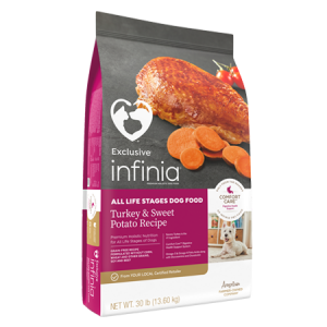 Infinia All Life Stage Turkey & Sweet Potato Dry Dog Food in hot pink and grey bag with turkey