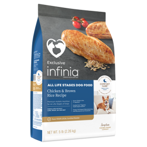 Infinia All Life STages Chicken and Brown Rice Dry Dog Food in blue and grey bag with chicken