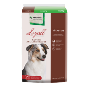 Loyall Active All Life Stages Dry Dog Food in brown and white bag with dogs
