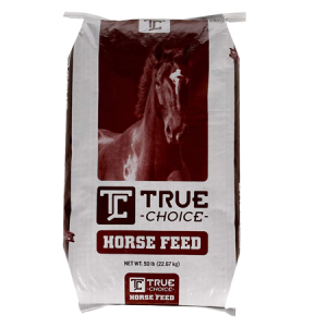 Purina Animal Nutrition True Choice Equine Feed in white and brown bag with horse