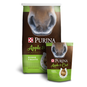 Purina Apple and Oat Horse Treats in green and brown bag with horse
