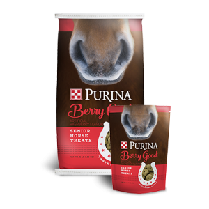 Purina Berry Good Senior Horse Treats in red brown bag with horse