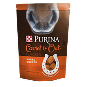 Purina Carrot and Oat Horse Treats in orange and brown bag with horse