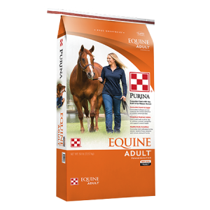Purina Equine Adult Horse Feed in orange and white bag with horse and woman