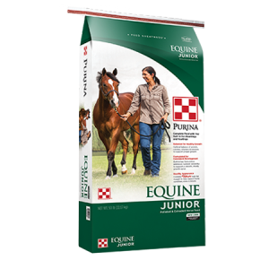 Purina Equine Junior Horse Feed in green white bag with woman and horse
