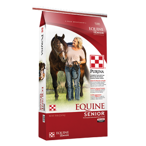 Purina Equine Senior Horse Feed in red and white bag with horse and woman