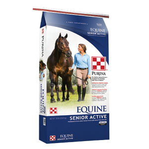 Purina Equine Senior Active Horse Feed in blue and white bag with woman and horse
