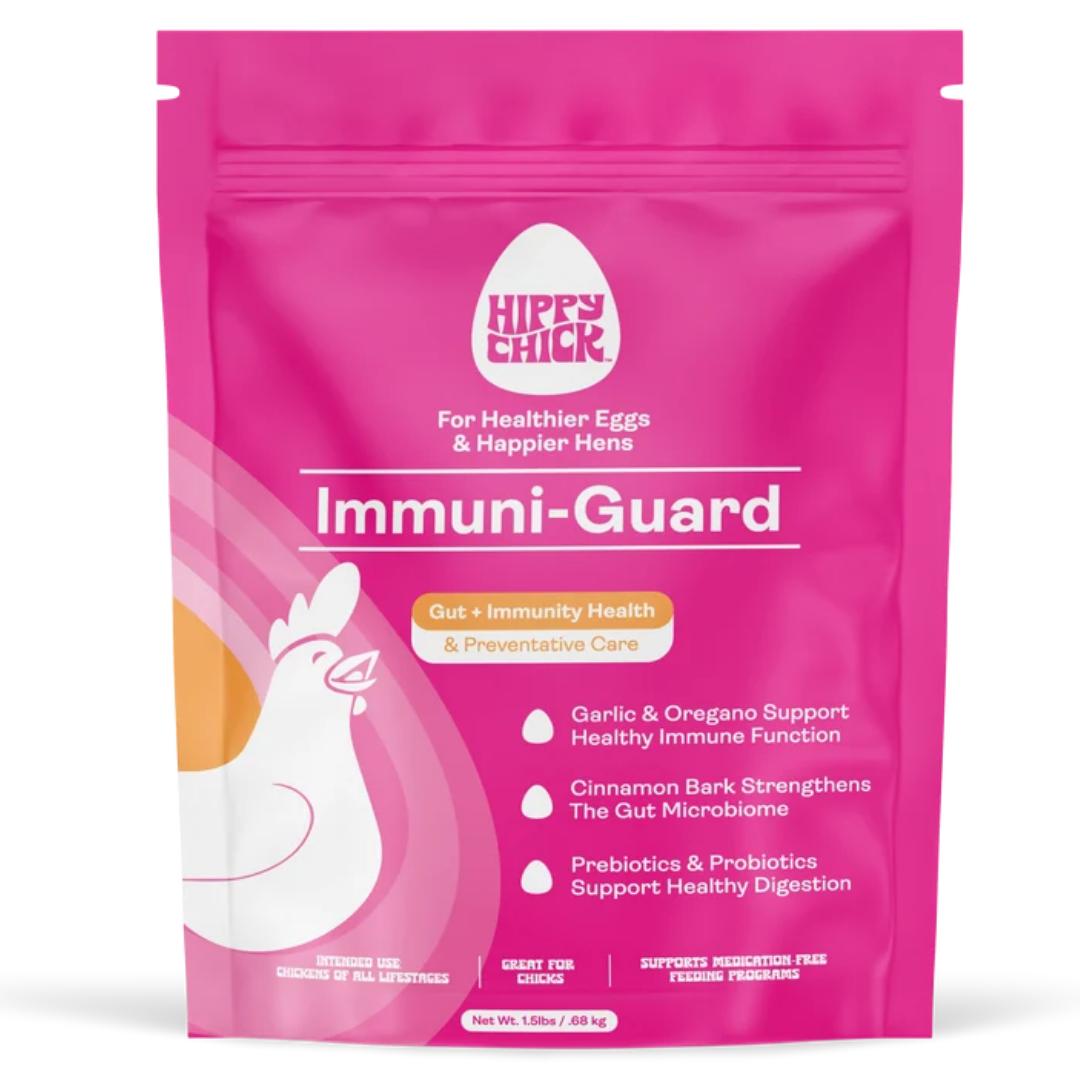 pink bag of Hippy Chick Immuni-Guard with white text and a white chicken illustrations